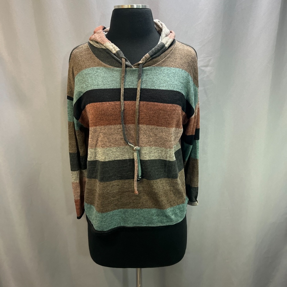 Lavish Sweatshirt Womens Large Multicolor Striped Stretch Hooded Long Sleeve